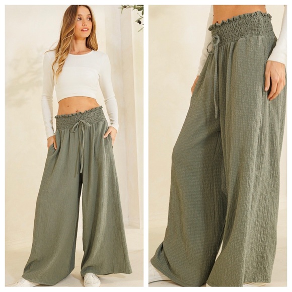 Boho Smocked Waist Wide Leg Pants - Picture 2 of 3